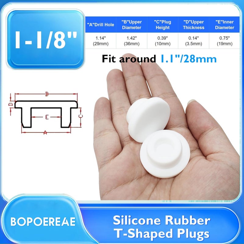 BOPOREAE 8 Pcs 29 mm/1.15 in Silicone Rubber Plug for 28 mm Round Holes, Waterproof T Type Rubber Stoppers, Soft Flexible Snap-On Bottle Seal Button Plugs Tube Pipe End Covers Caps Inserts, White - Image 2